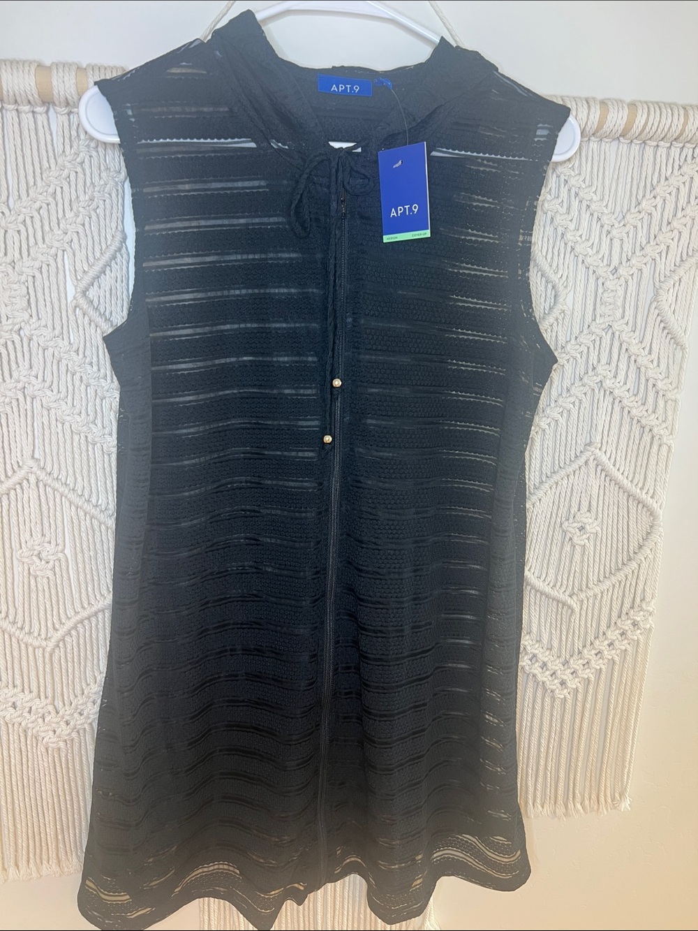 Apt. 9 Black Sleeveless Crochet Tie-Neck Swim Coverup with Bead Accents